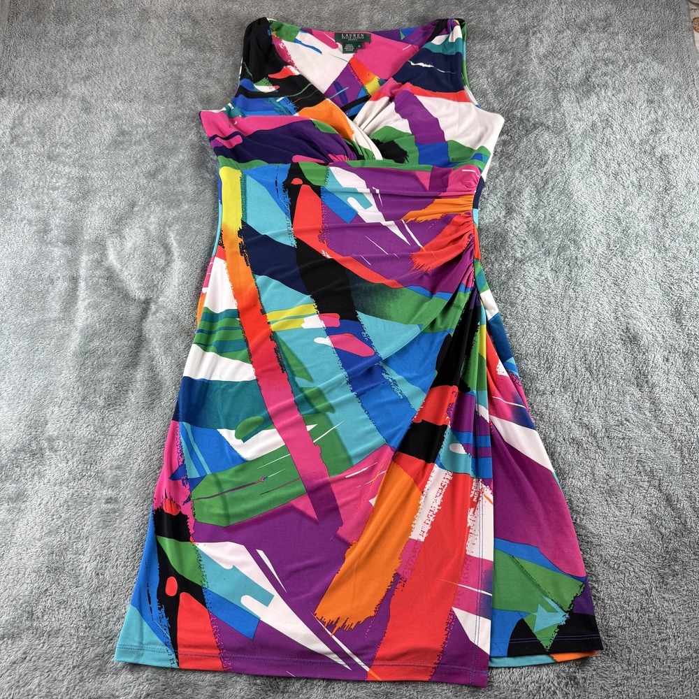 Lauren Ralph Lauren Dress Womens 10 Multicolor‎ Sleeveless Ruched Abstract Print